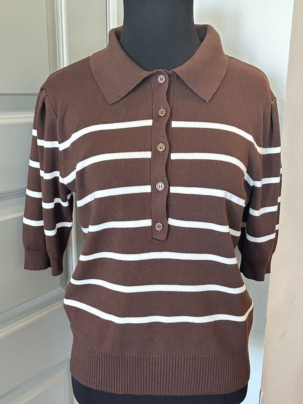 Free Assembly Brown & White Striped Polo Knit Top Size M